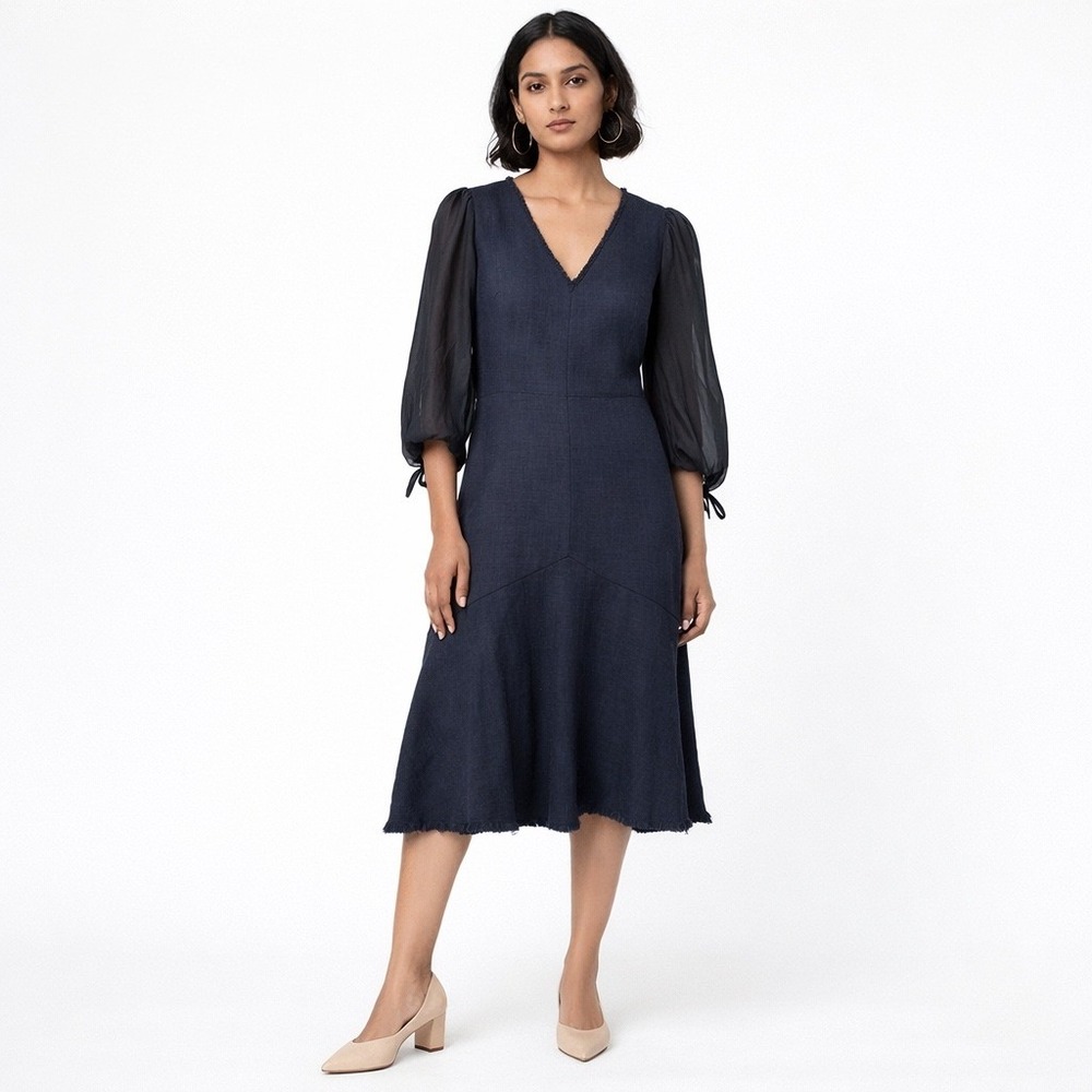 Rebecca Taylor Tailored Navy Blue‎ Sheer Sleeve Flare Midi Dress 8 Office Preppy